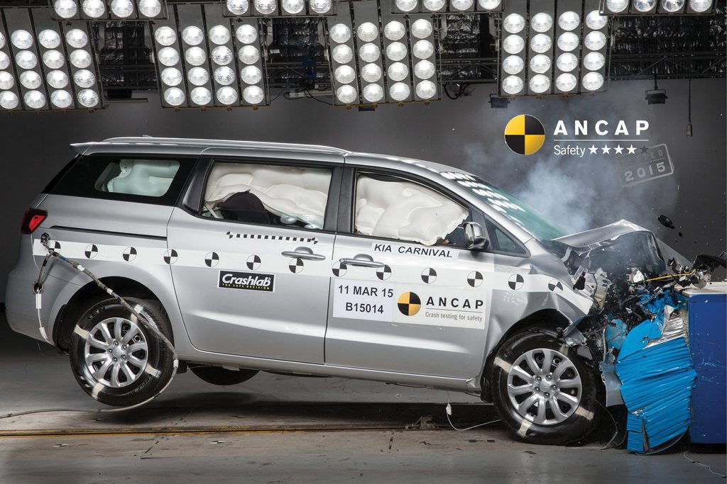 The new Kia Carnival undergoes crash testing. The new Kia Carnival undergoes crash testing.